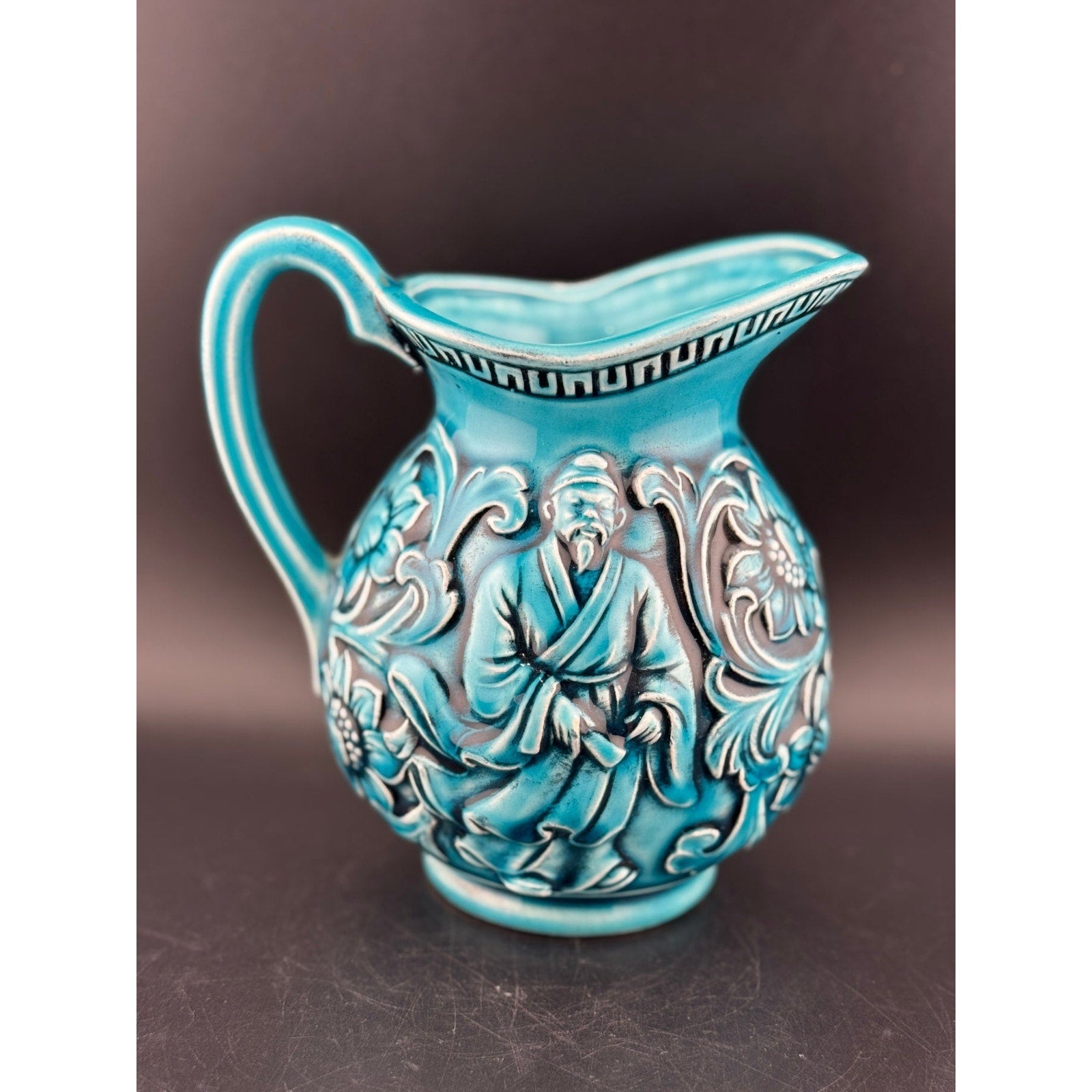 Vintage Japanese Majolica Teal Blue Pitcher