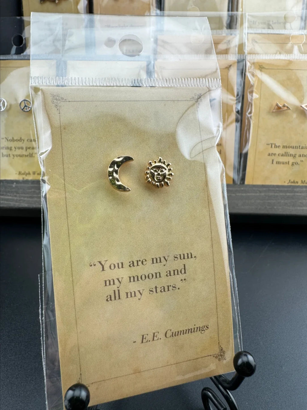 Bookish Quote Earrings - Gold Sun & Moon E.E. Cummings