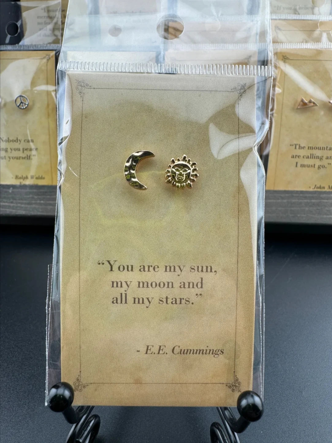 Bookish Quote Earrings - Gold Sun & Moon E.E. Cummings