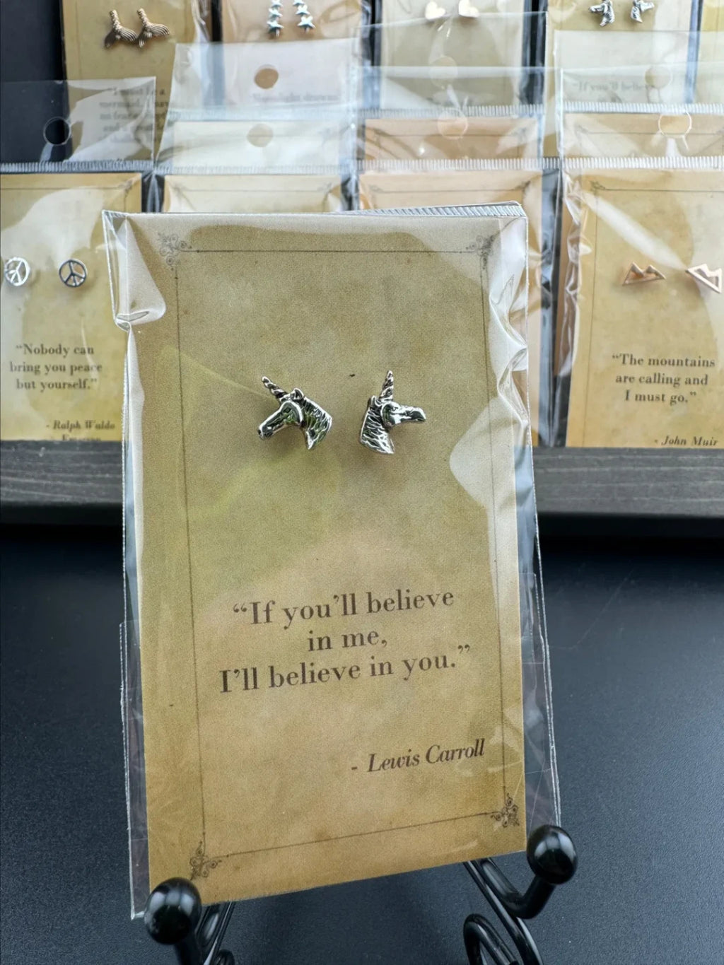 Bookish Quote Earrings - Silver Unicorn Lewis Carroll