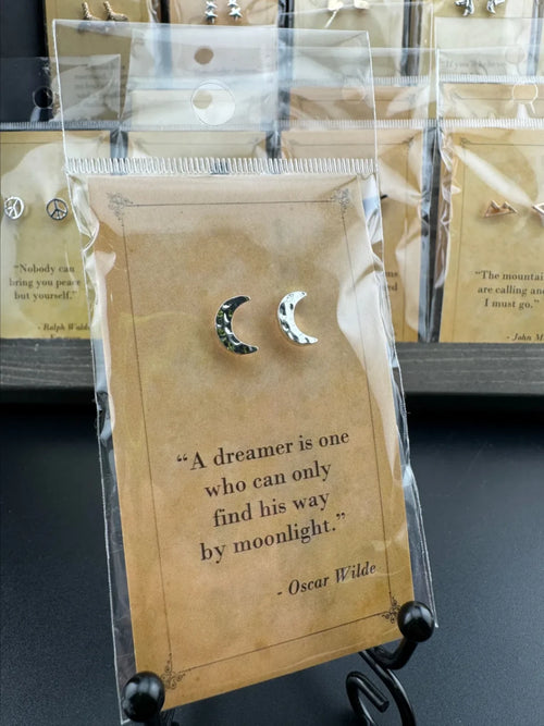 Bookish Quote Earrings - Silver Crescent Moon Oscar Wilde
