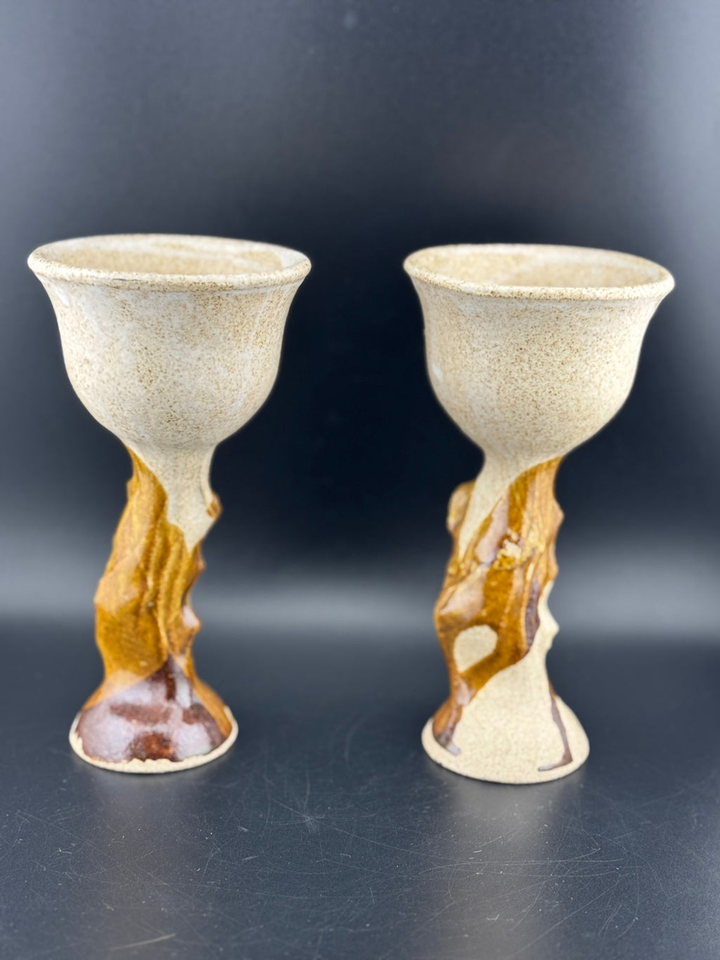 Pair of Handmade Glazed Pottery Wine Goblets