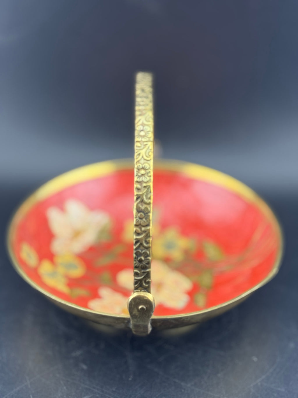 Vintage Brass Enamel Cloisonne Dish with Embossed Handle