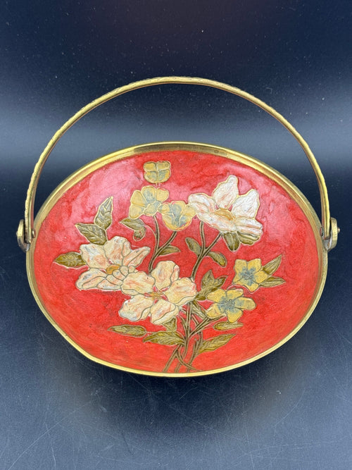 Vintage Brass Enamel Cloisonne Dish with Embossed Handle