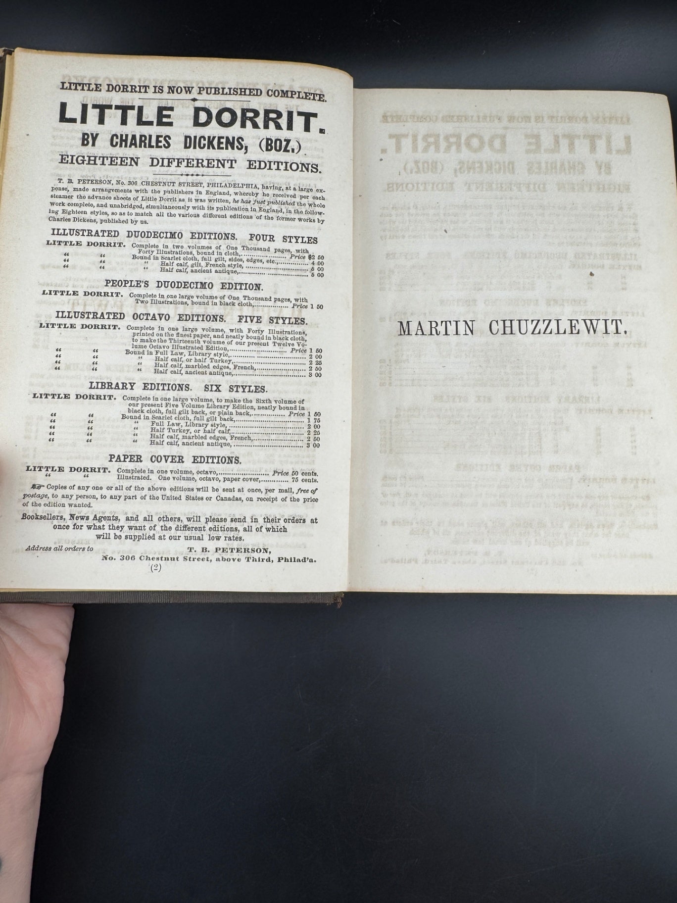 Charles Dickens "Martin Chuzzlewit - Volume I" - The Peterson's Duodecimo Edition