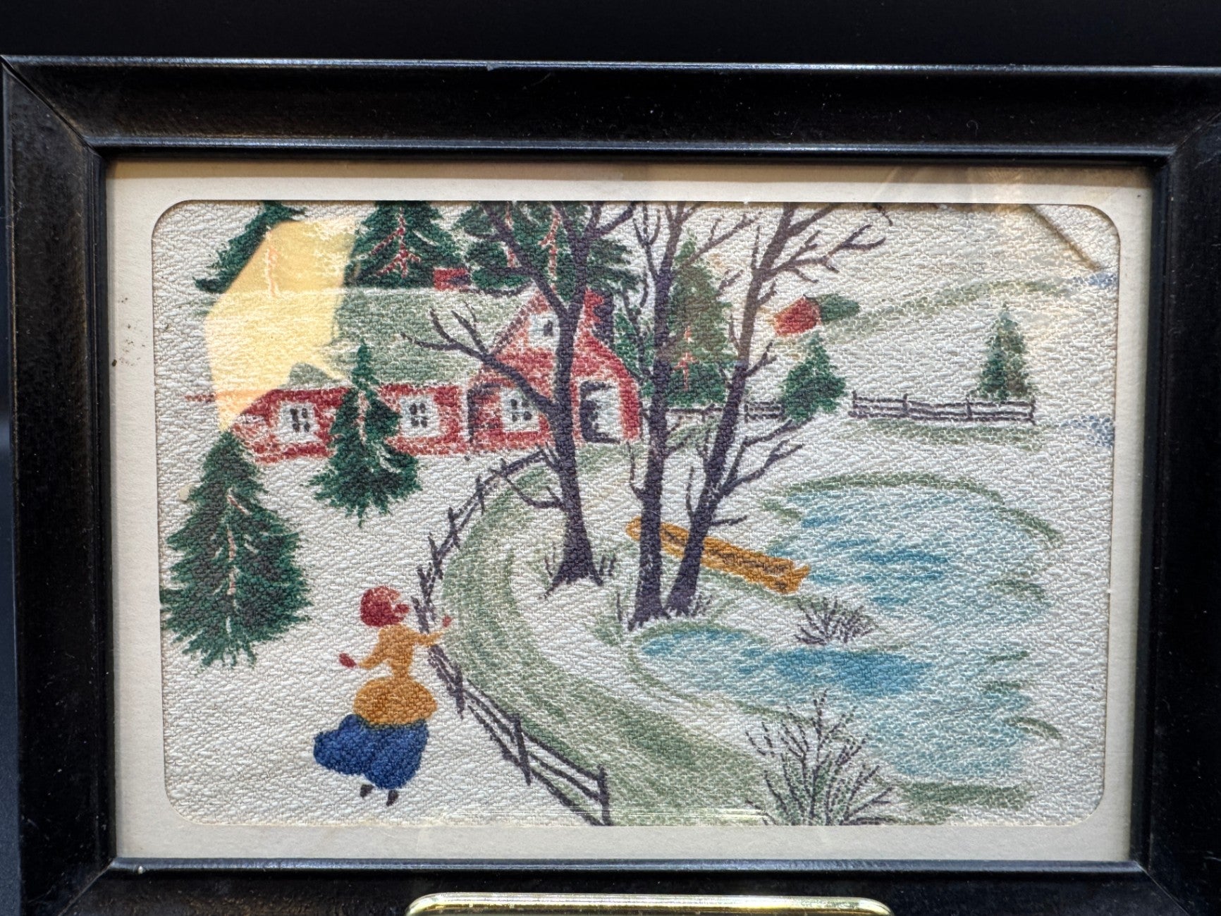 VTG Watercolor on Fabric Framed Artwork