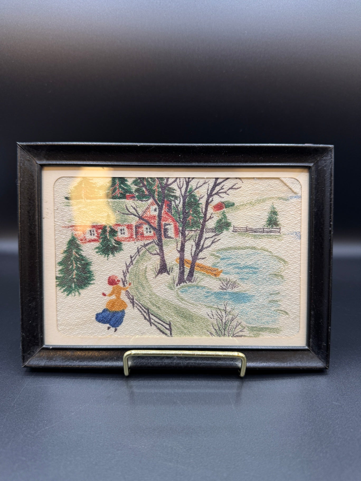 VTG Watercolor on Fabric Framed Artwork