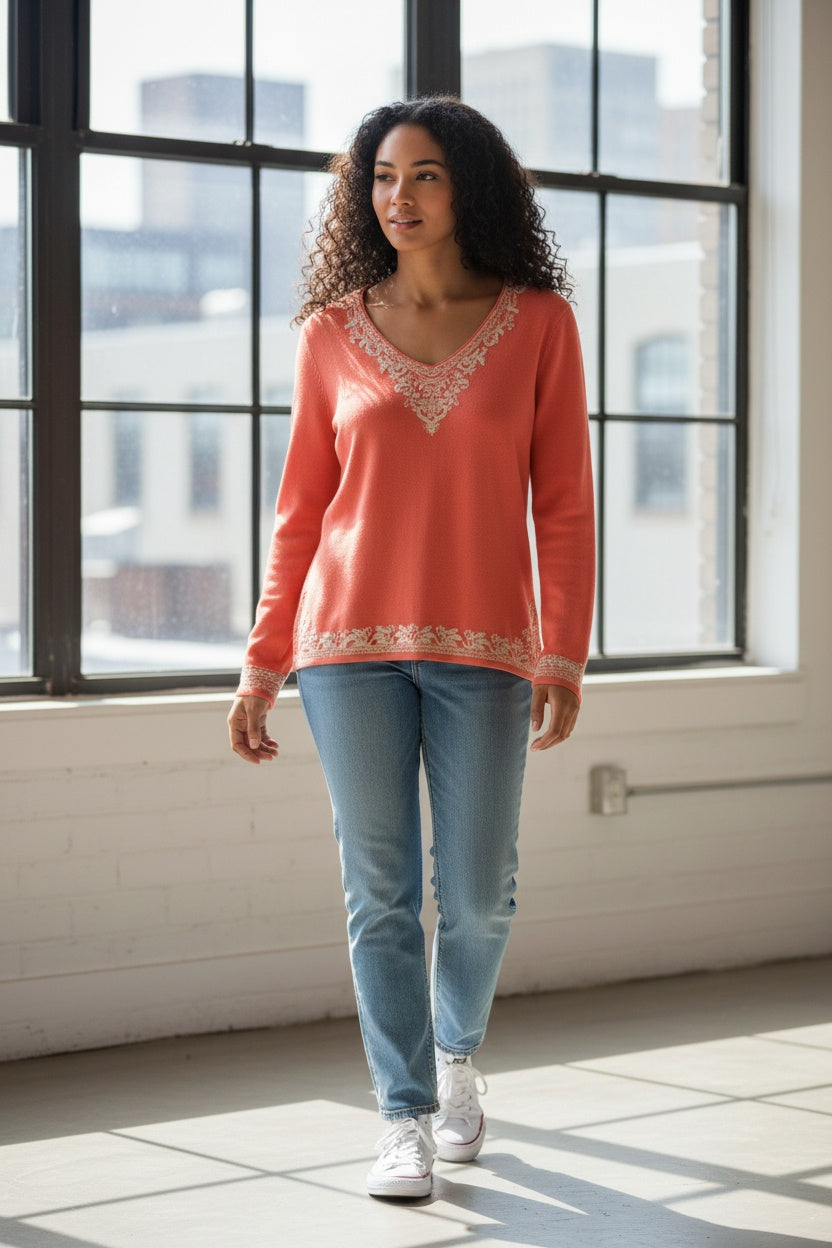 Talbots Embroidered Coral Sweater