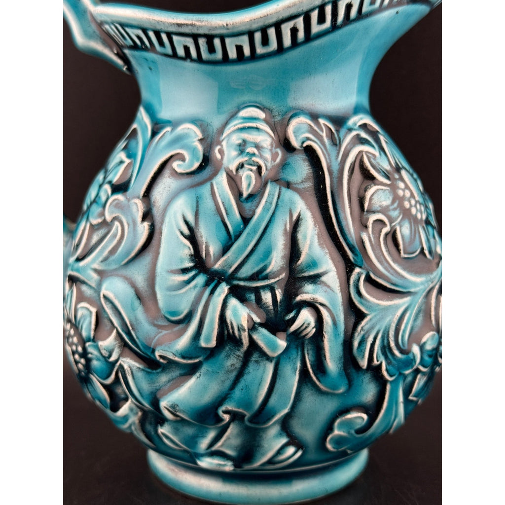 Vintage Japanese Majolica Teal Blue Pitcher