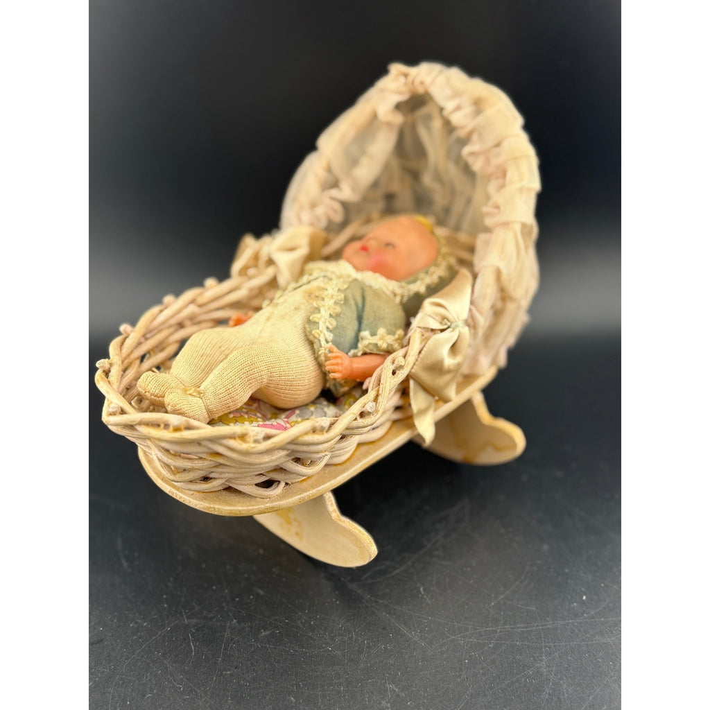 Antique Miniature Baby Doll in Cradle