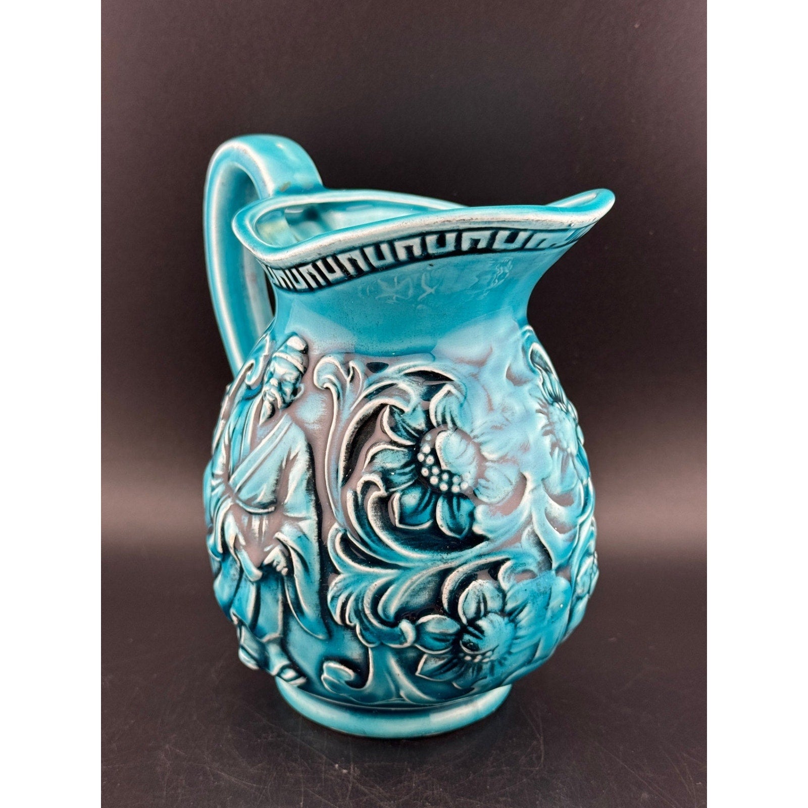 Vintage Japanese Majolica Teal Blue Pitcher