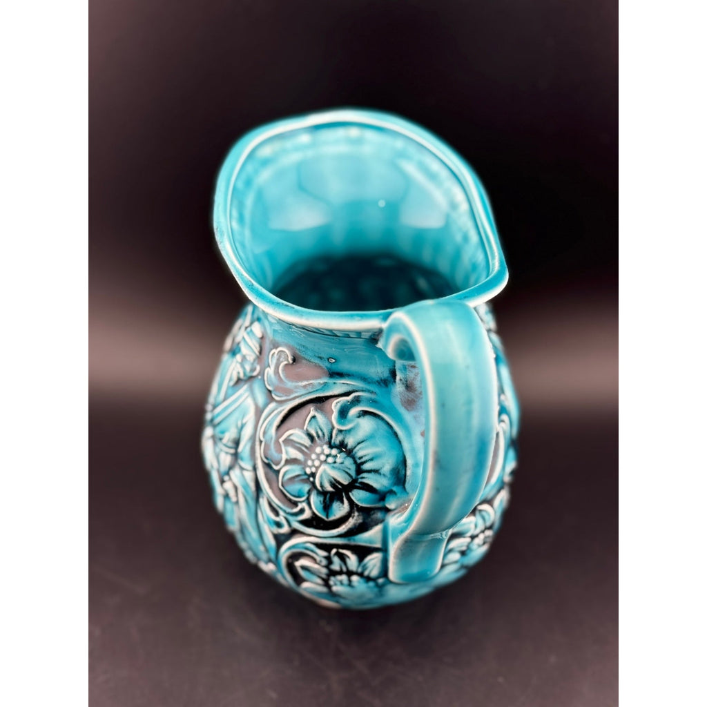 Vintage Japanese Majolica Teal Blue Pitcher