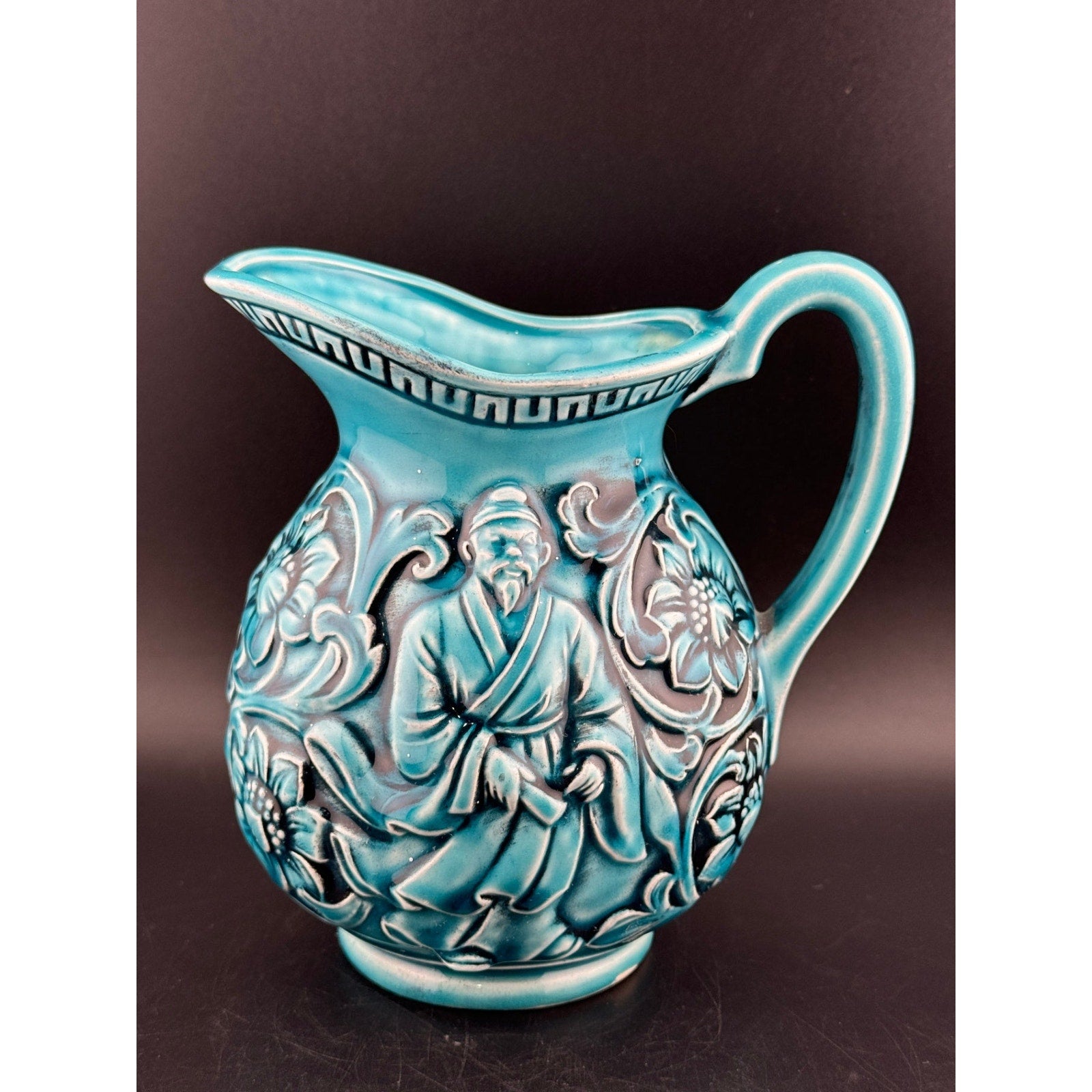 Vintage Japanese Majolica Teal Blue Pitcher