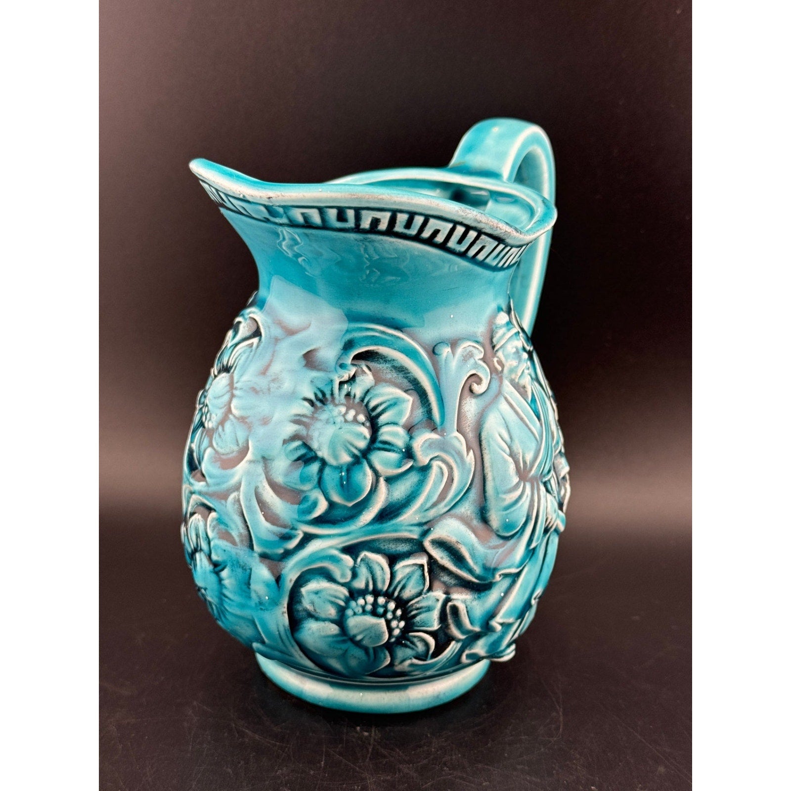 Vintage Japanese Majolica Teal Blue Pitcher