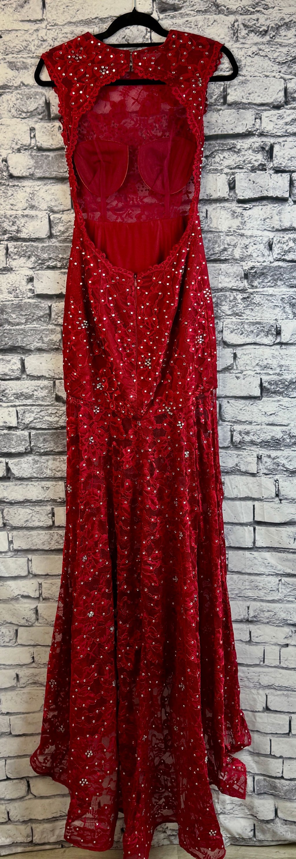 Red Lace Open Back Dress - Image 7