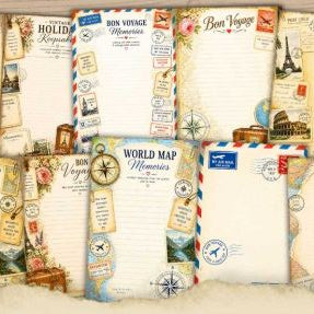 Collection of travel-themed stationery items including notebooks, stamps, and postcards on a light background.